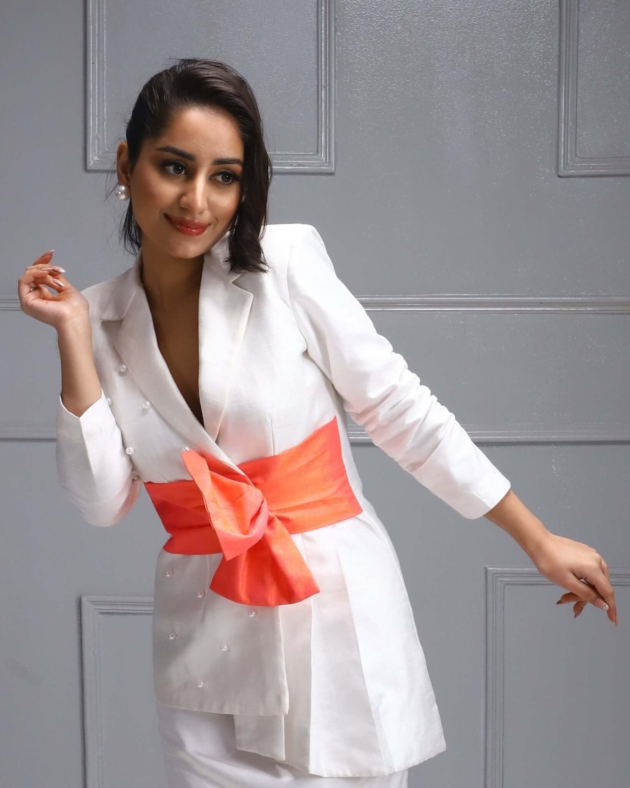 White Blazer Dress With Orange Sash White Blazer Dress With Orange Sash — Classy Dress with Jacket