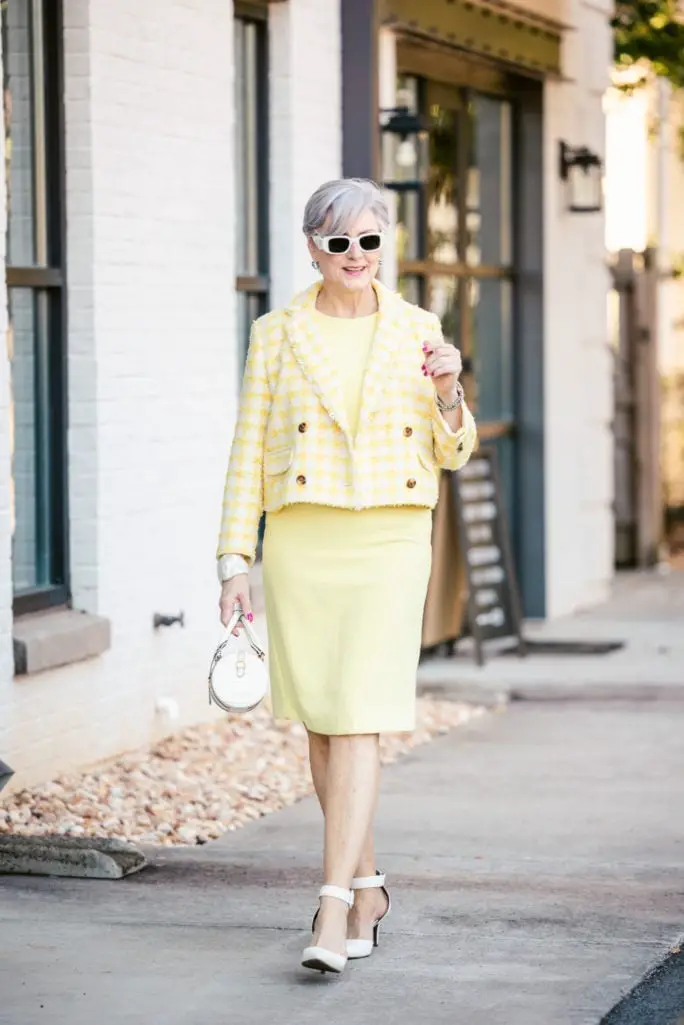Yellow Sheath Dress With Tweed Cropped Jacket Yellow Sheath Dress With Tweed Cropped Jacket — Classy Dress with Jacket