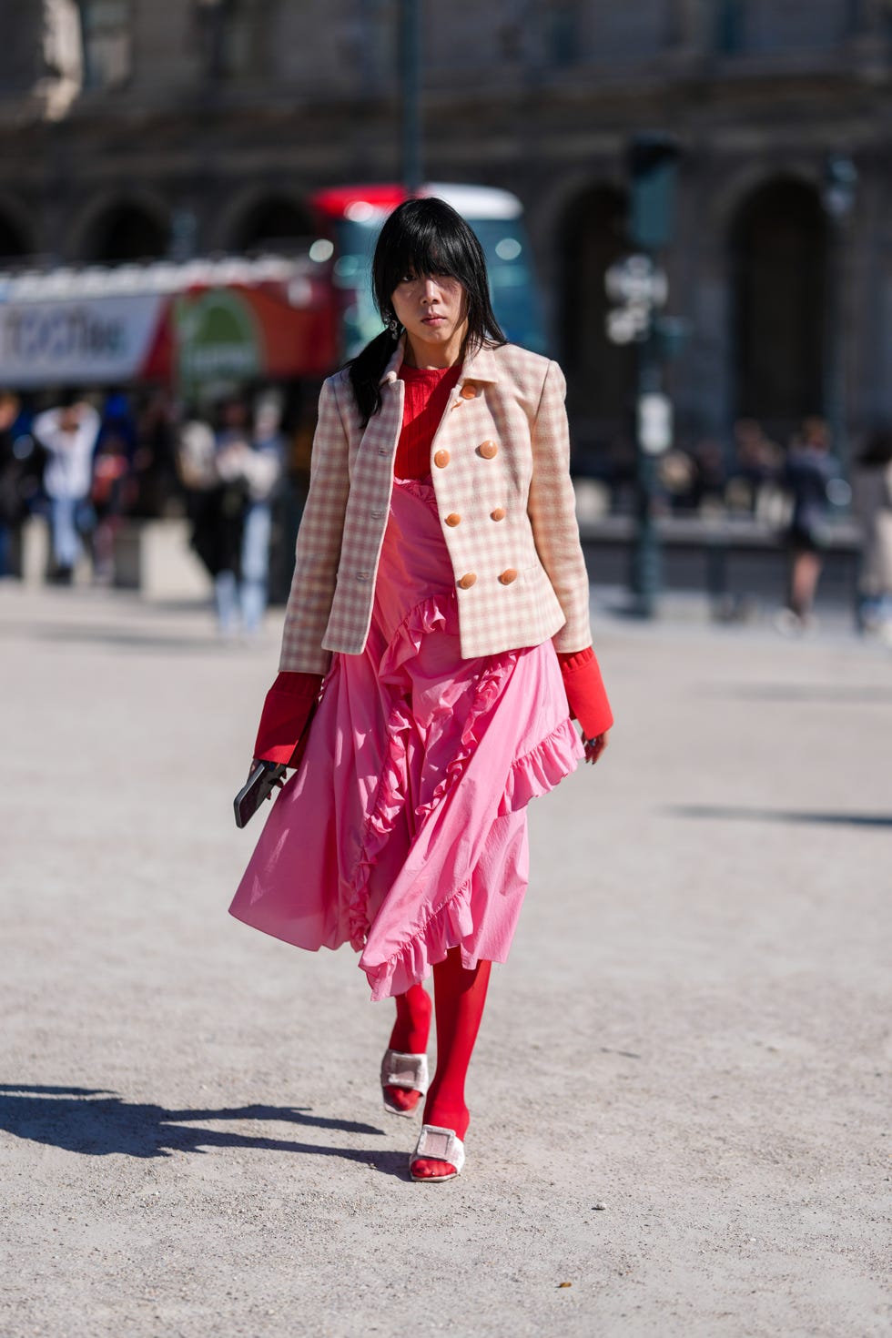 Pink Ruffled Dress With Gingham Jacket Pink Ruffled Dress With Gingham Jacket — Classy Dress with Jacket