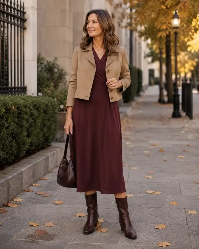 Tan Turtleneck Dress With Suede Moto Jacket Tan Turtleneck Dress With Suede Moto Jacket — Classy Dress with Jacket