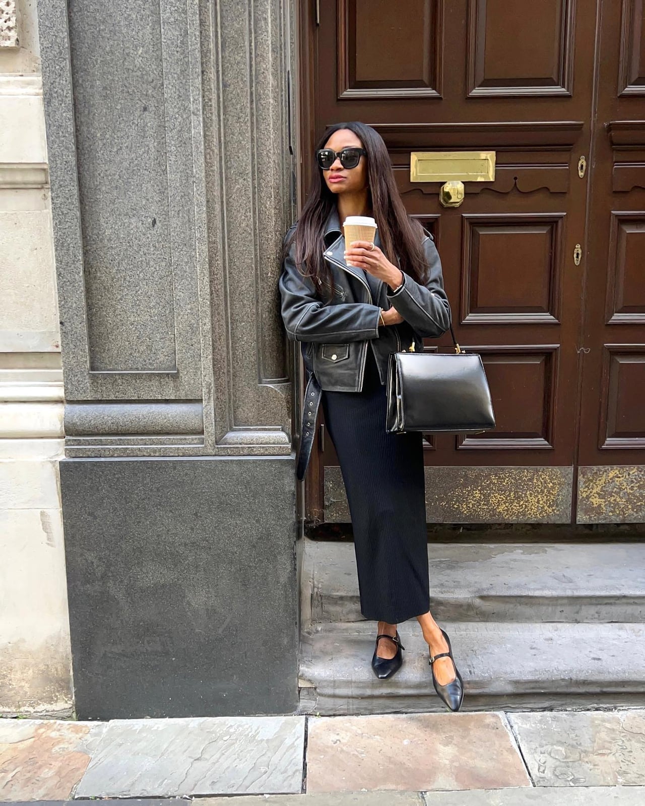 Black Knit Midi Dress With Leather Moto Jacket Black Knit Midi Dress With Leather Moto Jacket — Classy Dress with Jacket
