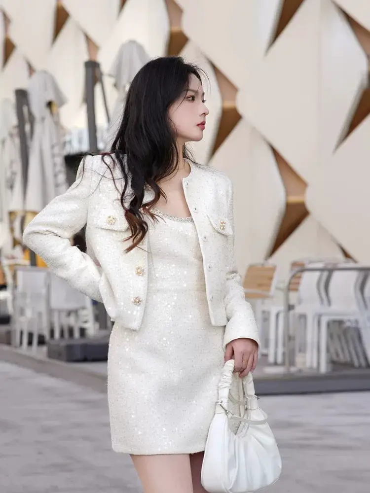 Ivory Sequin Mini Dress With Boucle Jacket Ivory Sequin Mini Dress With Boucle Jacket — Classy Dress with Jacket