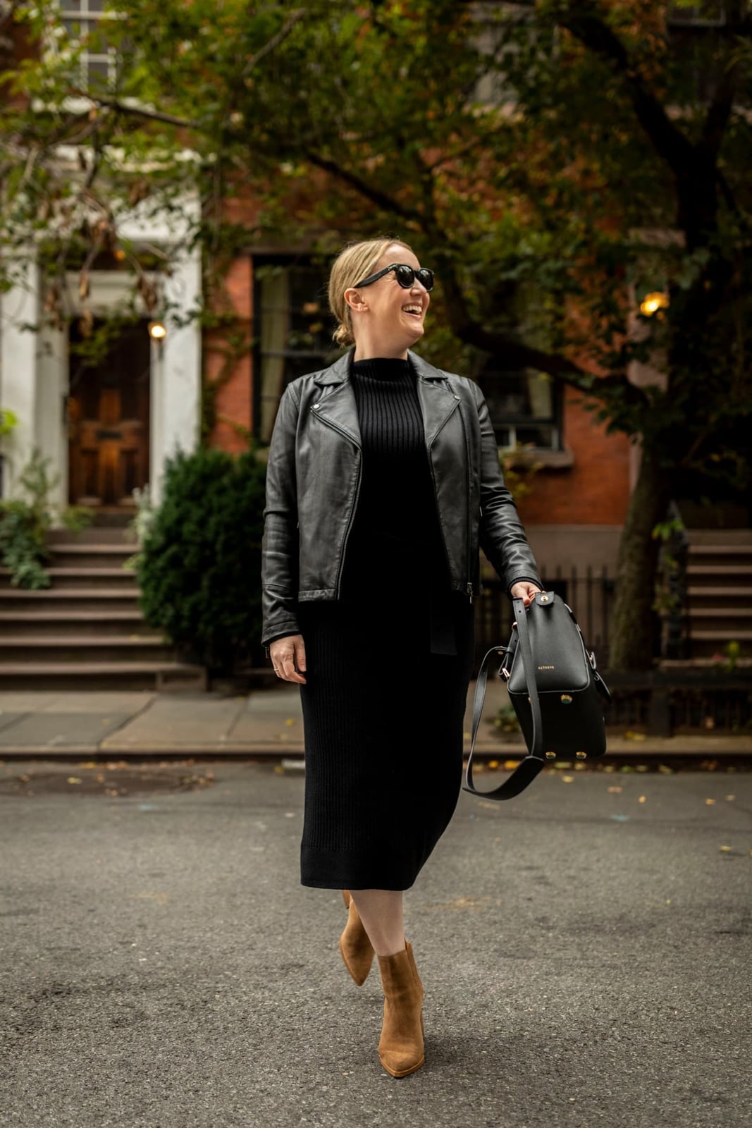 Black Knit Dress With Black Leather Moto Jacket, Close-Up Take Black Knit Dress With Black Leather Moto Jacket, Close-Up Take — Classy Dress with Jacket