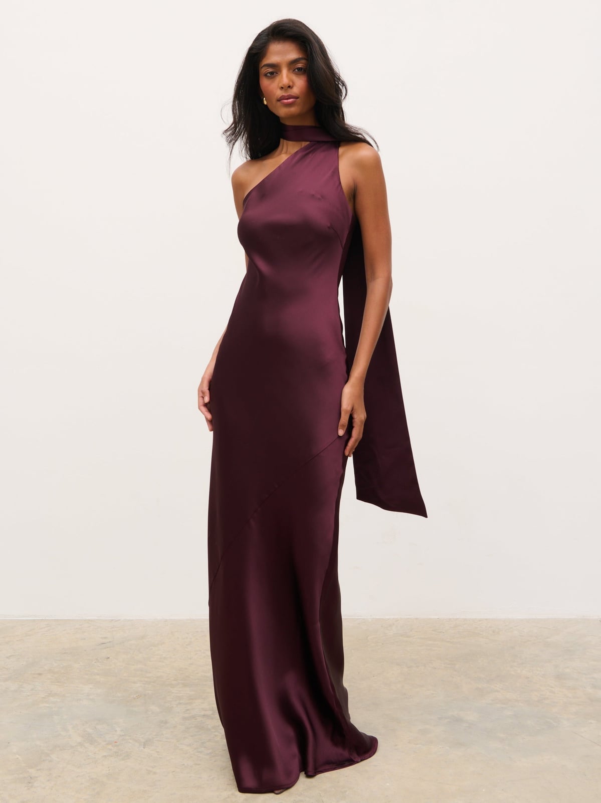 Deep Plum One-Shoulder Dress with Scarf Detail Deep Plum One-Shoulder Dress with Scarf Detail — Classy Dress with Scarf