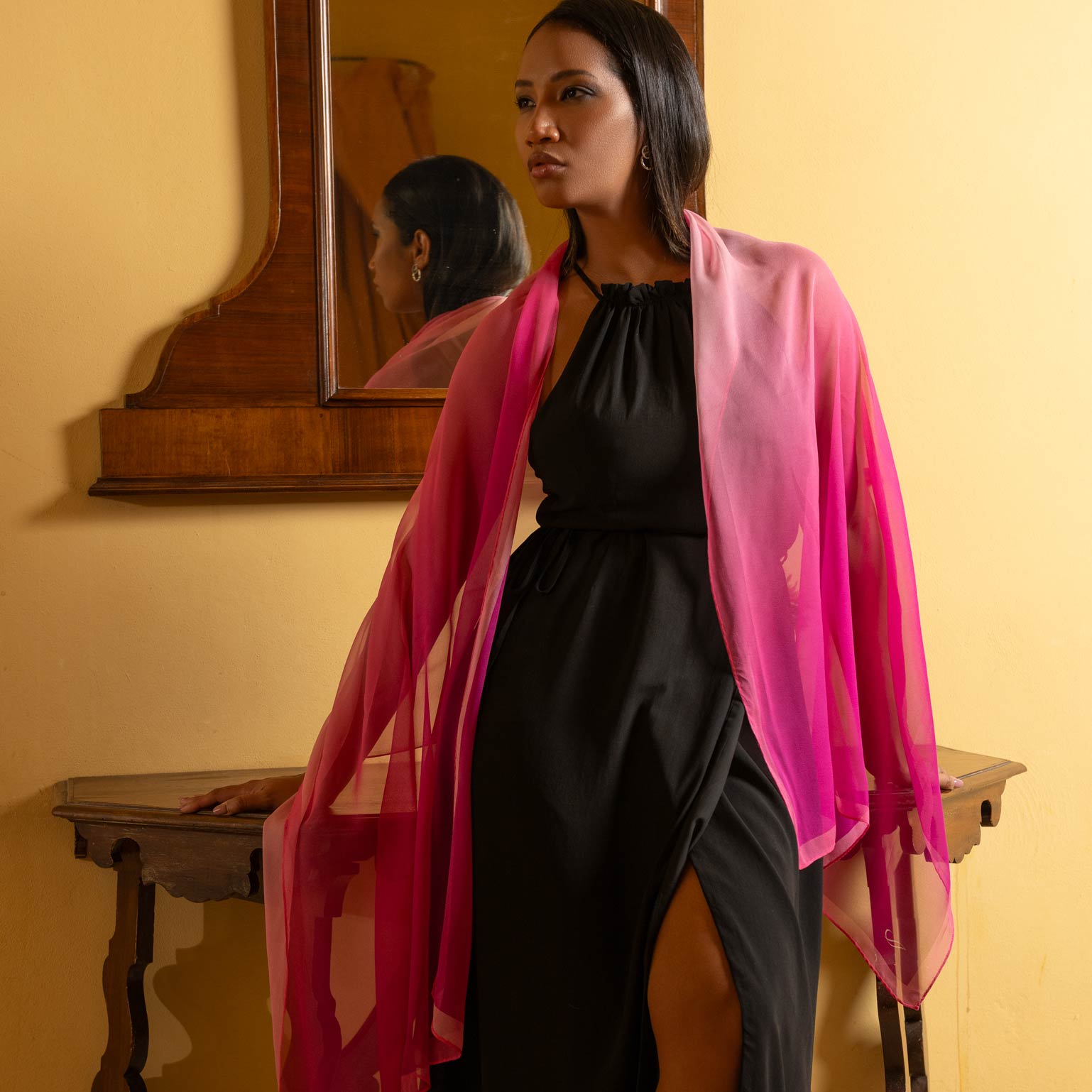 Black Wrap Dress with Vibrant Pink Ombre Scarf and Hoop Earrings Black Wrap Dress with Vibrant Pink Ombre Scarf and Hoop Earrings — Classy Dress with Scarf