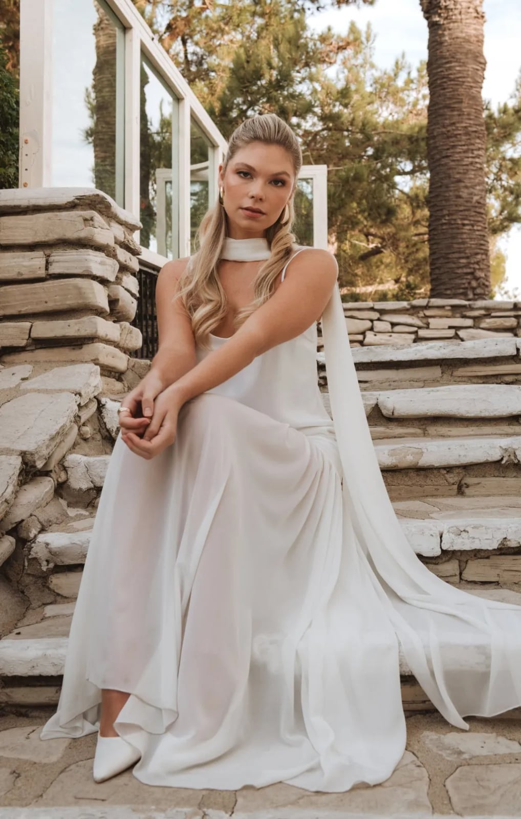 White Flowing Dress with Attached Scarf White Flowing Dress with Attached Scarf — Classy Dress with Scarf