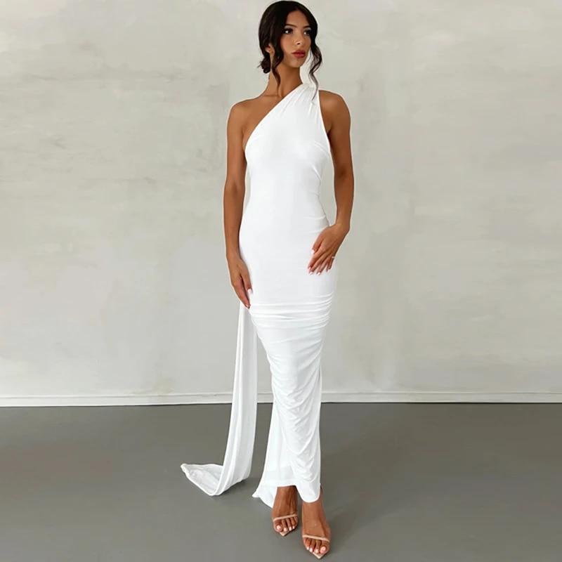White One-Shoulder Maxi Dress with Integrated Scarf White One-Shoulder Maxi Dress with Integrated Scarf — Classy Dress with Scarf