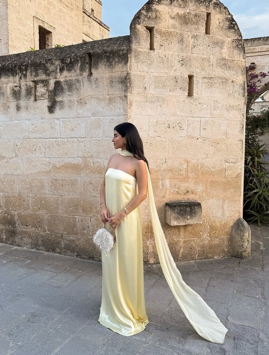 Pale Yellow Strapless Silk Dress with Draped Scarf Pale Yellow Strapless Silk Dress with Draped Scarf — Classy Dress with Scarf
