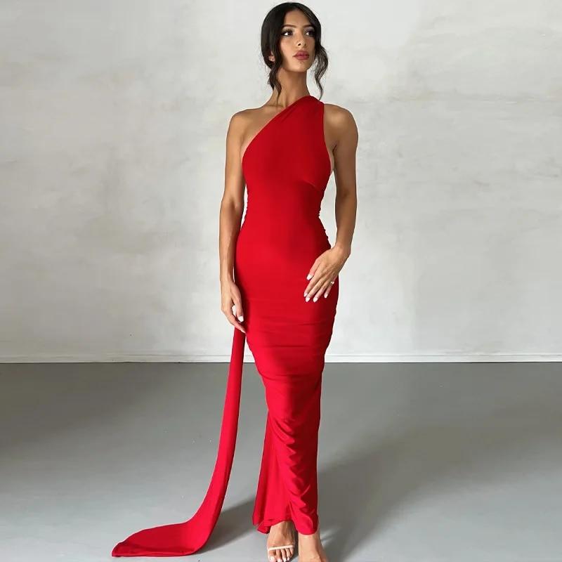 Red One-Shoulder Maxi Dress with Flowing Scarf Red One-Shoulder Maxi Dress with Flowing Scarf — Classy Dress with Scarf