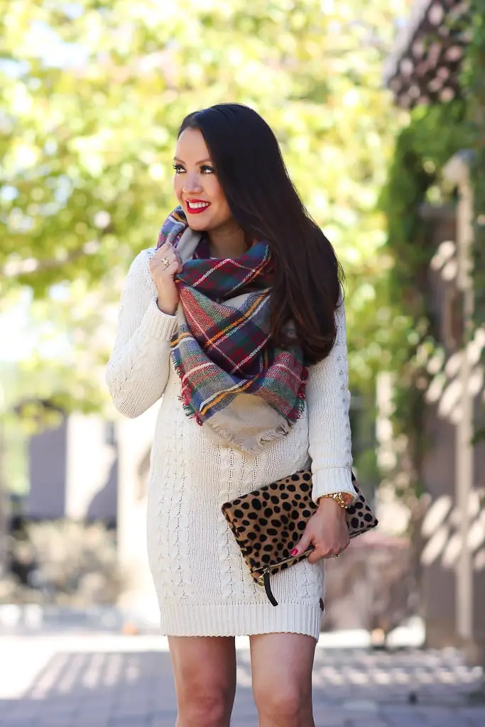 Cream Cable Knit Dress with Plaid Blanket Scarf Cream Cable Knit Dress with Plaid Blanket Scarf — Classy Dress with Scarf