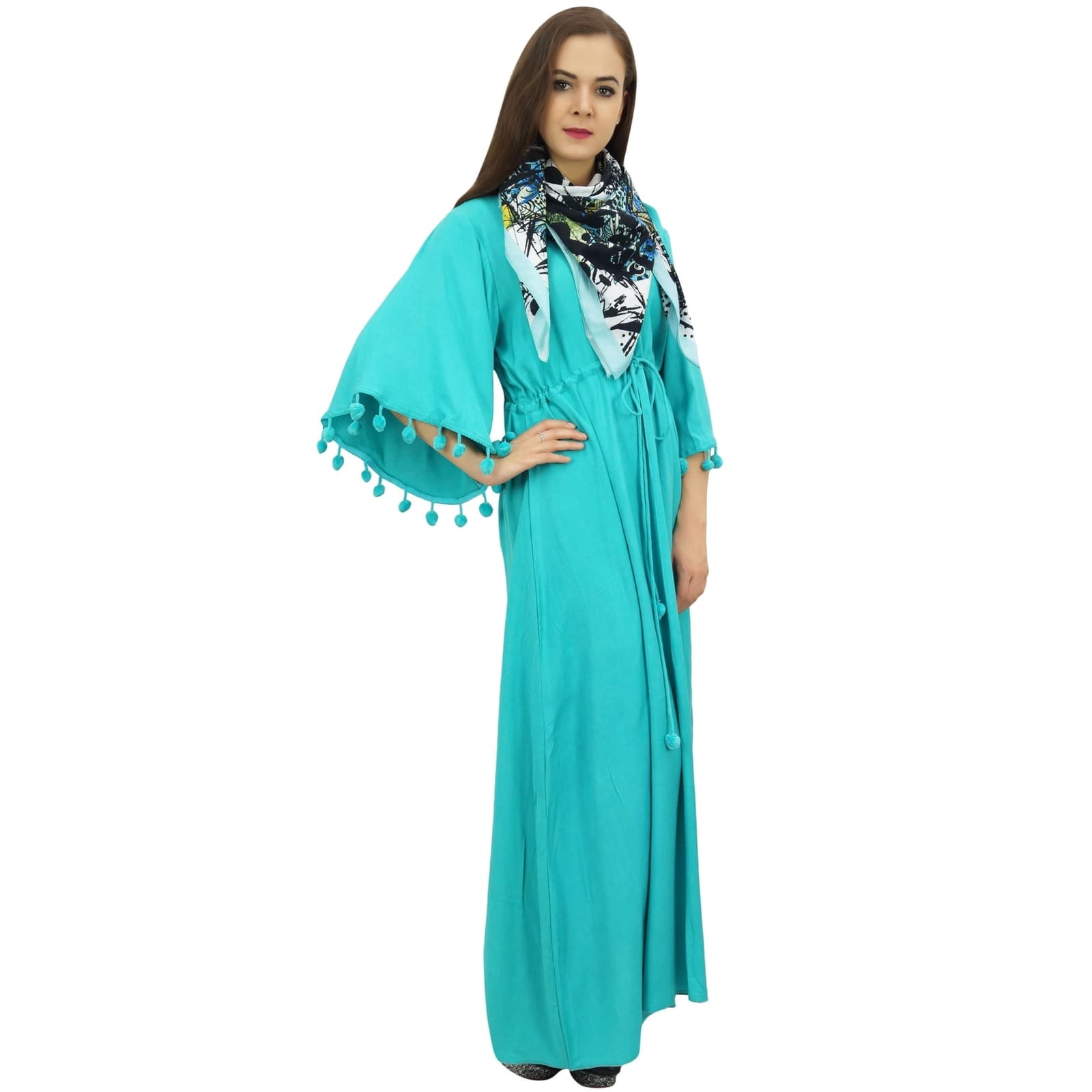 Aqua Cotton Maxi Dress with Matching Printed Scarf Aqua Cotton Maxi Dress with Matching Printed Scarf — Classy Dress with Scarf