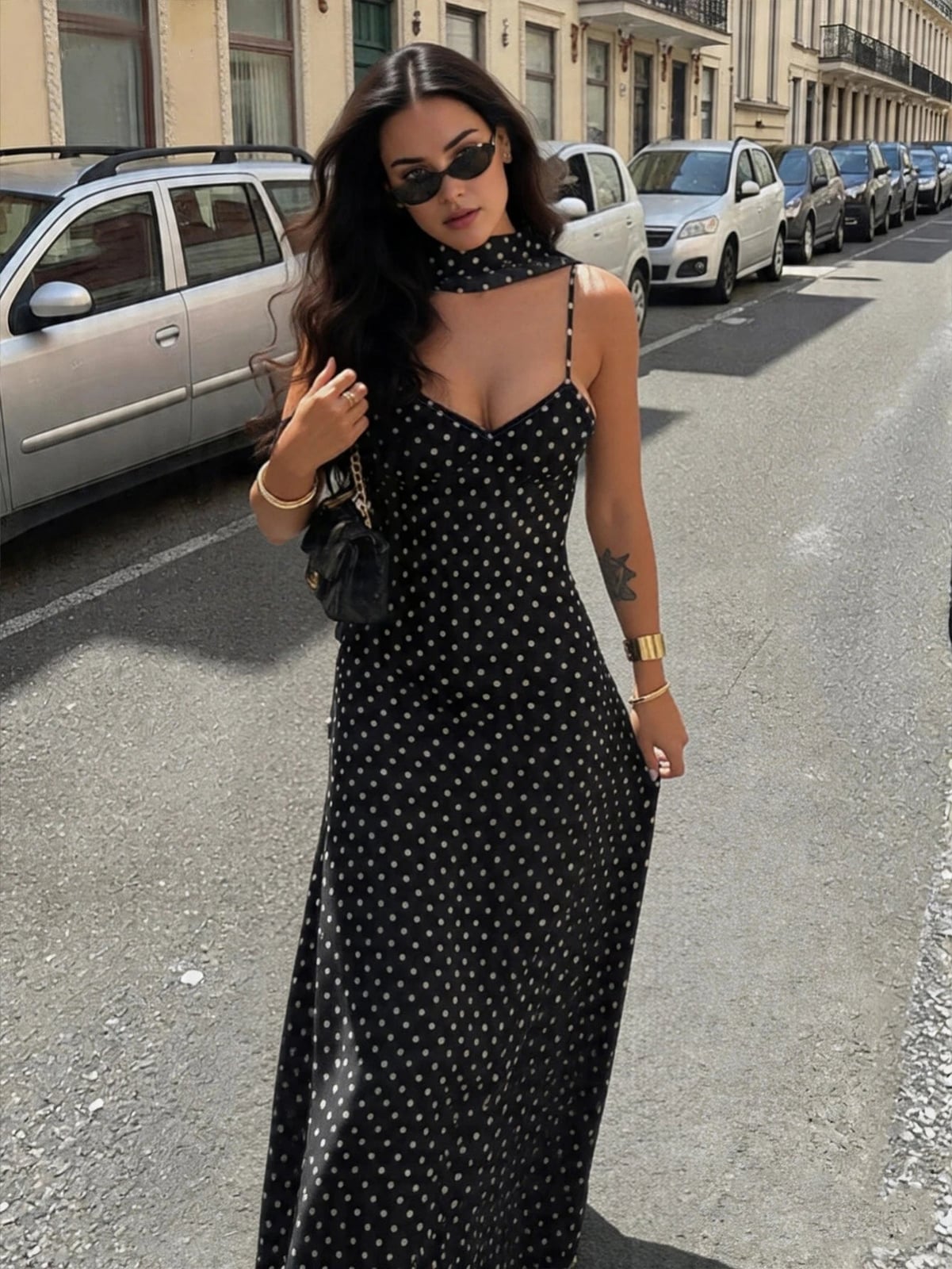Black Polka Dot Maxi Dress with Matching Neck Scarf Black Polka Dot Maxi Dress with Matching Neck Scarf — Classy Dress with Scarf