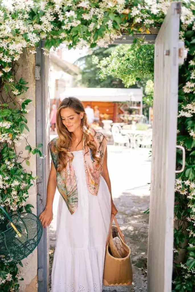 White Midi Dress with Patterned Silk Scarf White Midi Dress with Patterned Silk Scarf — Classy Dress with Scarf