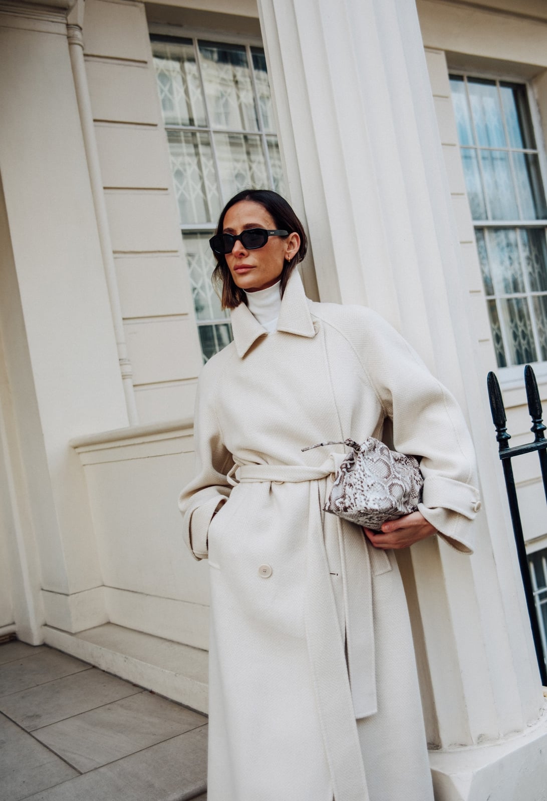 Classic Cream Coat with Snakeskin Clutch Classic Cream Coat with Snakeskin Clutch — Classy Edgy Outfits