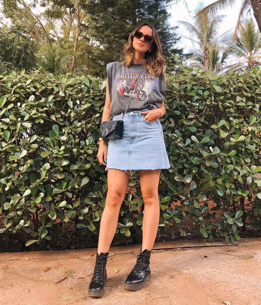 Graphic Tee with Denim Mini Skirt and Combat Boots Graphic Tee with Denim Mini Skirt and Combat Boots — Classy Edgy Outfits