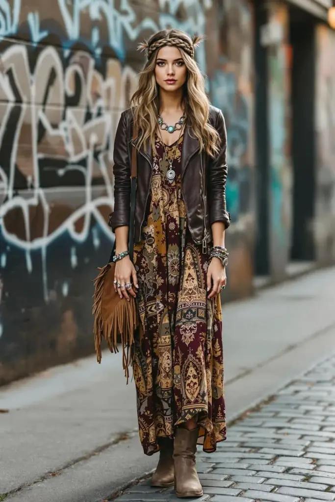 Leather Jacket with Patterned Maxi Dress Leather Jacket with Patterned Maxi Dress — Classy Edgy Outfits