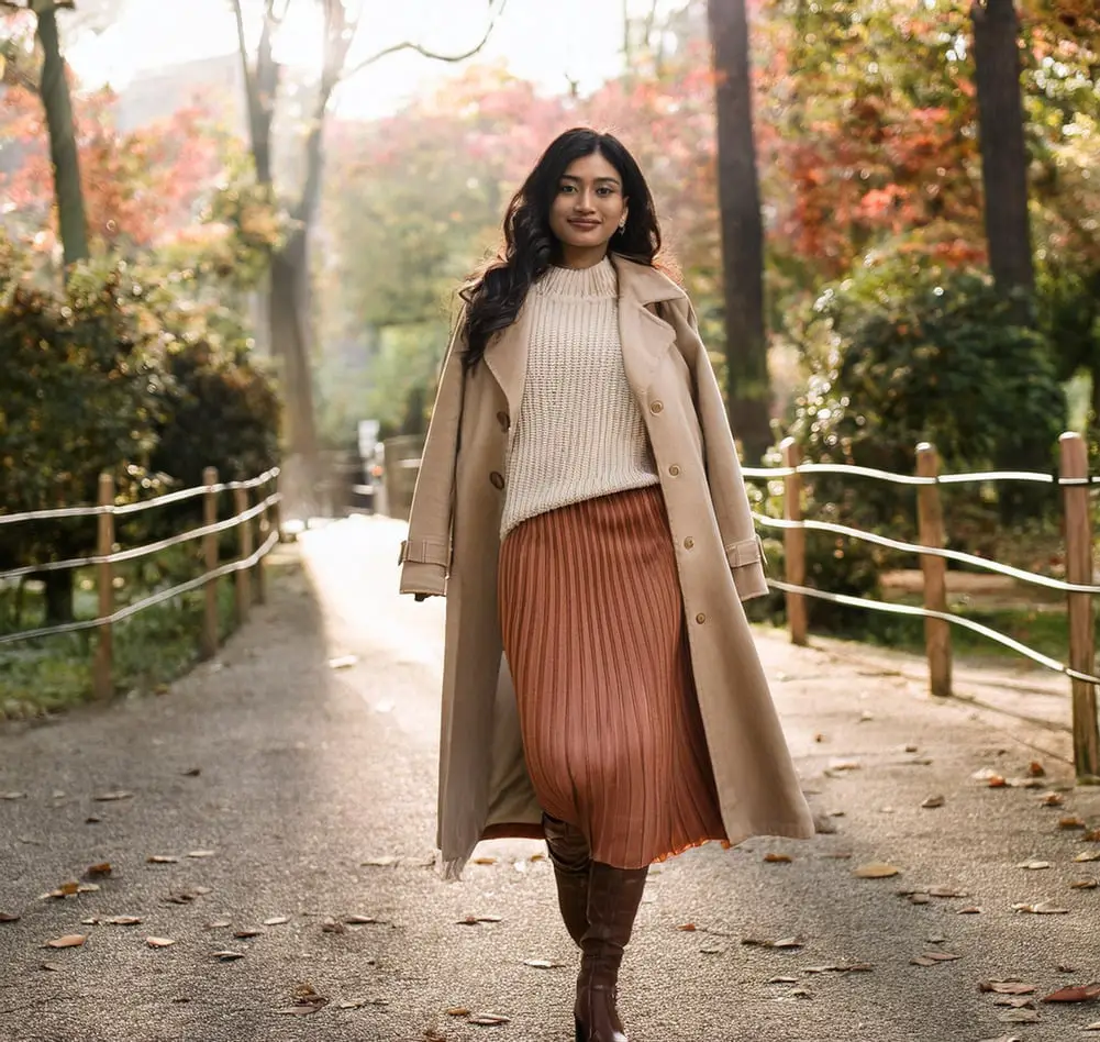 Trench Coat with Knit Sweater and Pleated Skirt Trench Coat with Knit Sweater and Pleated Skirt — Classy Edgy Outfits