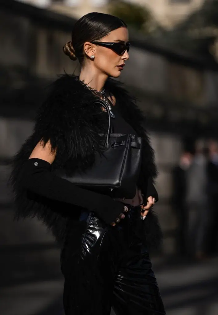Faux Fur Vest Over Black Leather Pants Faux Fur Vest Over Black Leather Pants — Classy Edgy Outfits