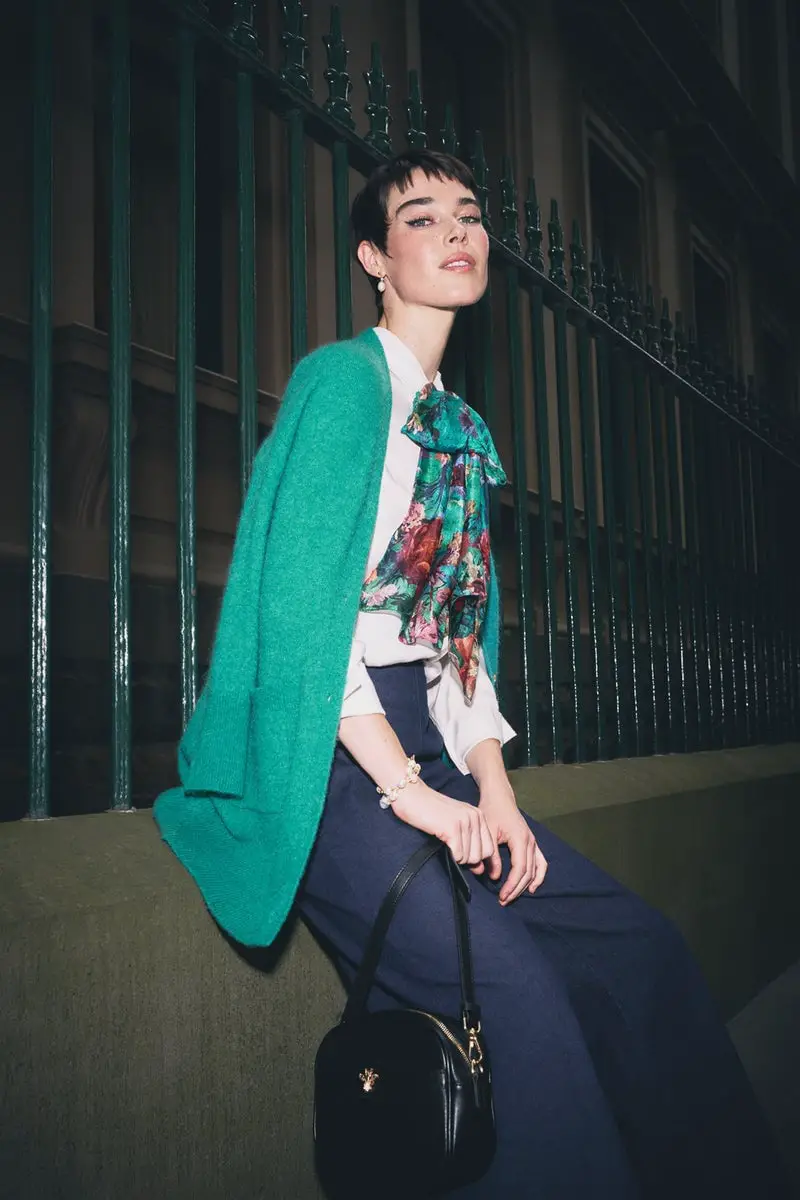 Green Cardigan with Navy Trousers and Silk Scarf Green Cardigan with Navy Trousers and Silk Scarf — Classy Edgy Outfits