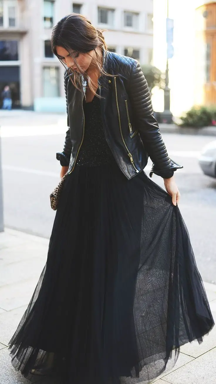Leather Jacket with Tulle Maxi Skirt Leather Jacket with Tulle Maxi Skirt — Classy Edgy Outfits
