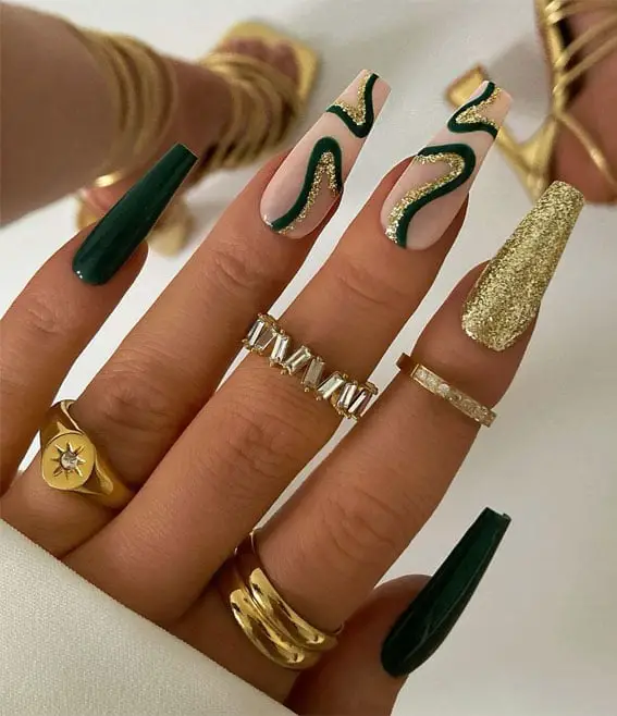 Long Coffin Nails Green Swirls and Gold Glitter Long Coffin Nails Green Swirls and Gold Glitter — Classy Emerald Green Nails