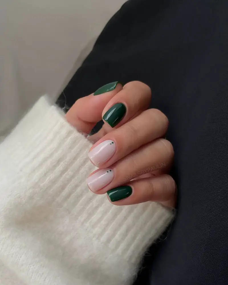 Nude Base Almond Nails With Abstract Green French Tips Nude Base Almond Nails With Abstract Green French Tips — Classy Emerald Green Nails