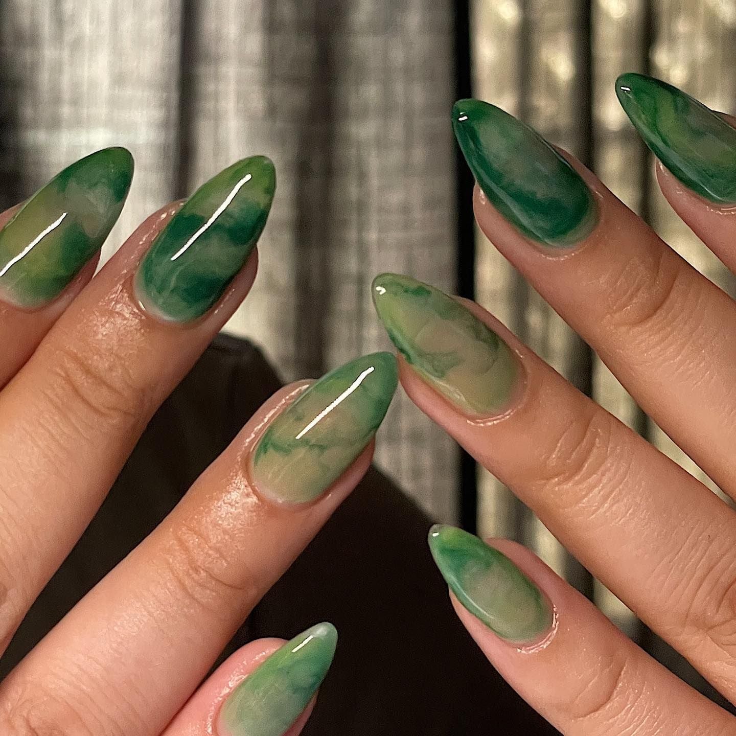 Green Gradient Marbled Almond Nails Green Gradient Marbled Almond Nails — Classy Emerald Green Nails