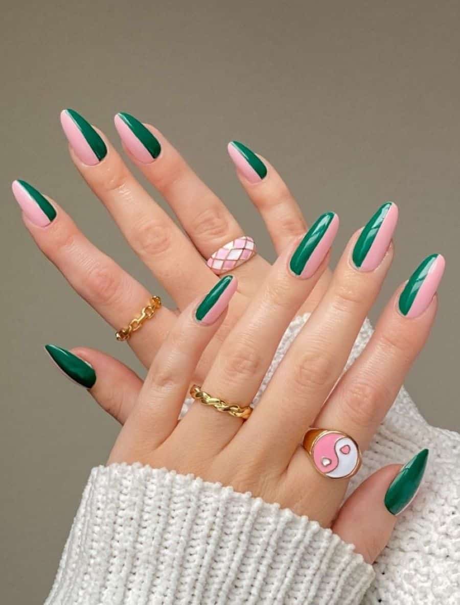 Long Stiletto Color Block Nails Long Stiletto Color Block Nails — Classy Emerald Green Nails