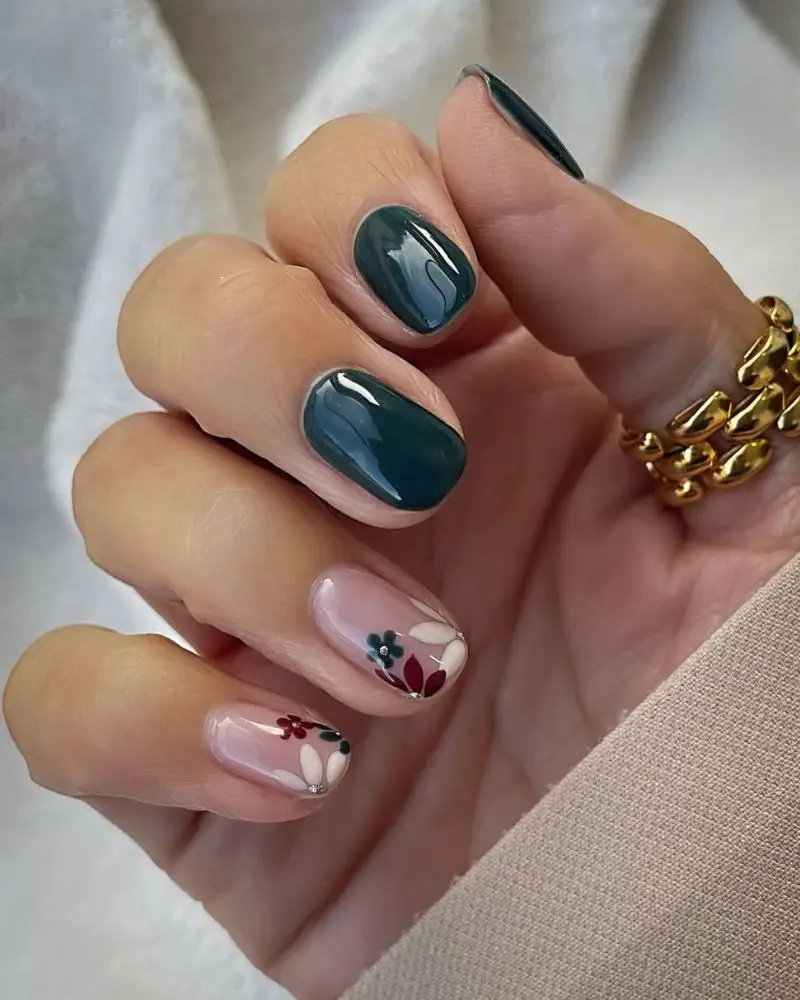 Short Square Nails With Floral Art Accent Short Square Nails With Floral Art Accent — Classy Emerald Green Nails