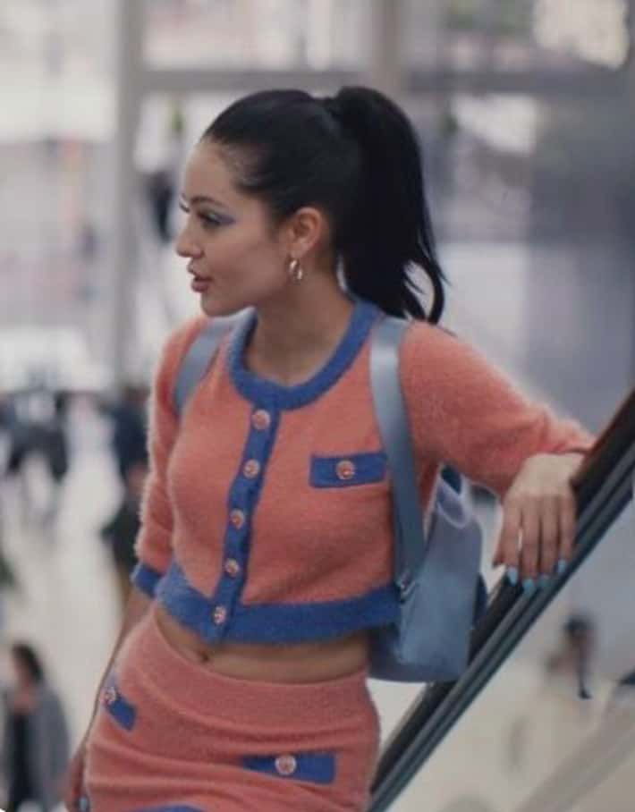 Fuzzy Peach Cropped Cardigan with Low-Rise Skirt — Classy Euphoria Outfits