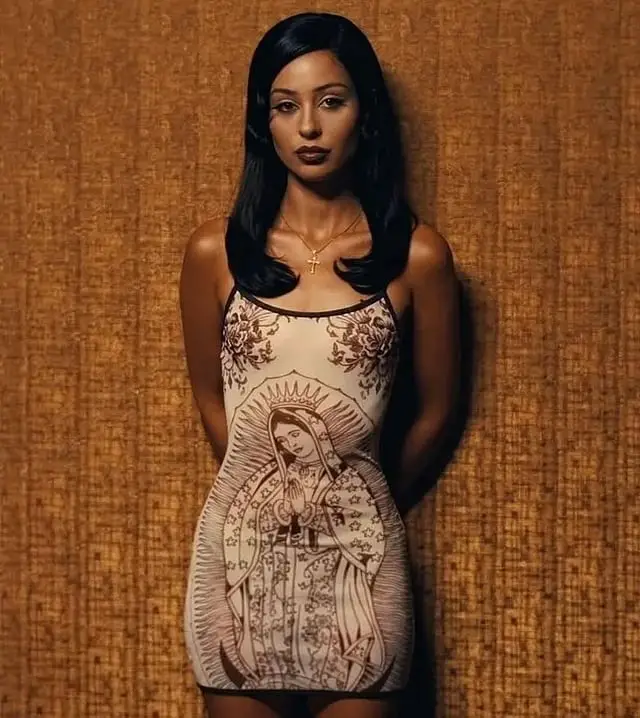 Cream Bodycon Dress with Graphic Religious Print, Close-Up Take — Classy Euphoria Outfits