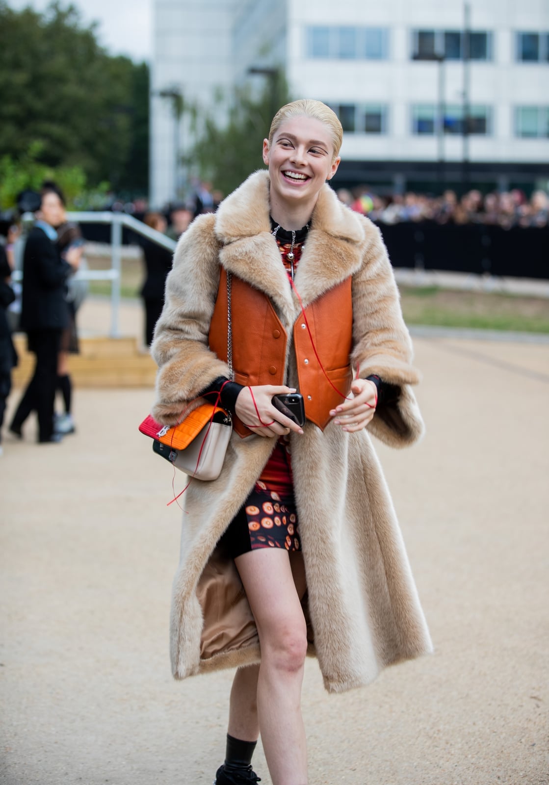 Beige Faux Fur Coat Over Leather Vest and Patterned Dress — Classy Euphoria Outfits