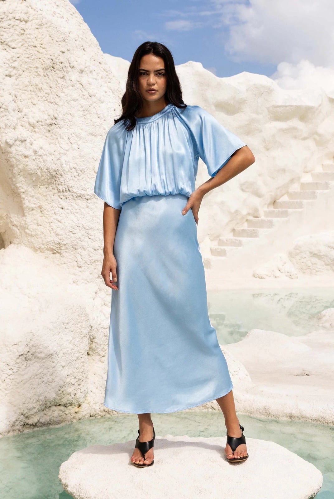 Light Blue Satin Midi Dress with Heeled Sandals — Classy Euphoria Outfits