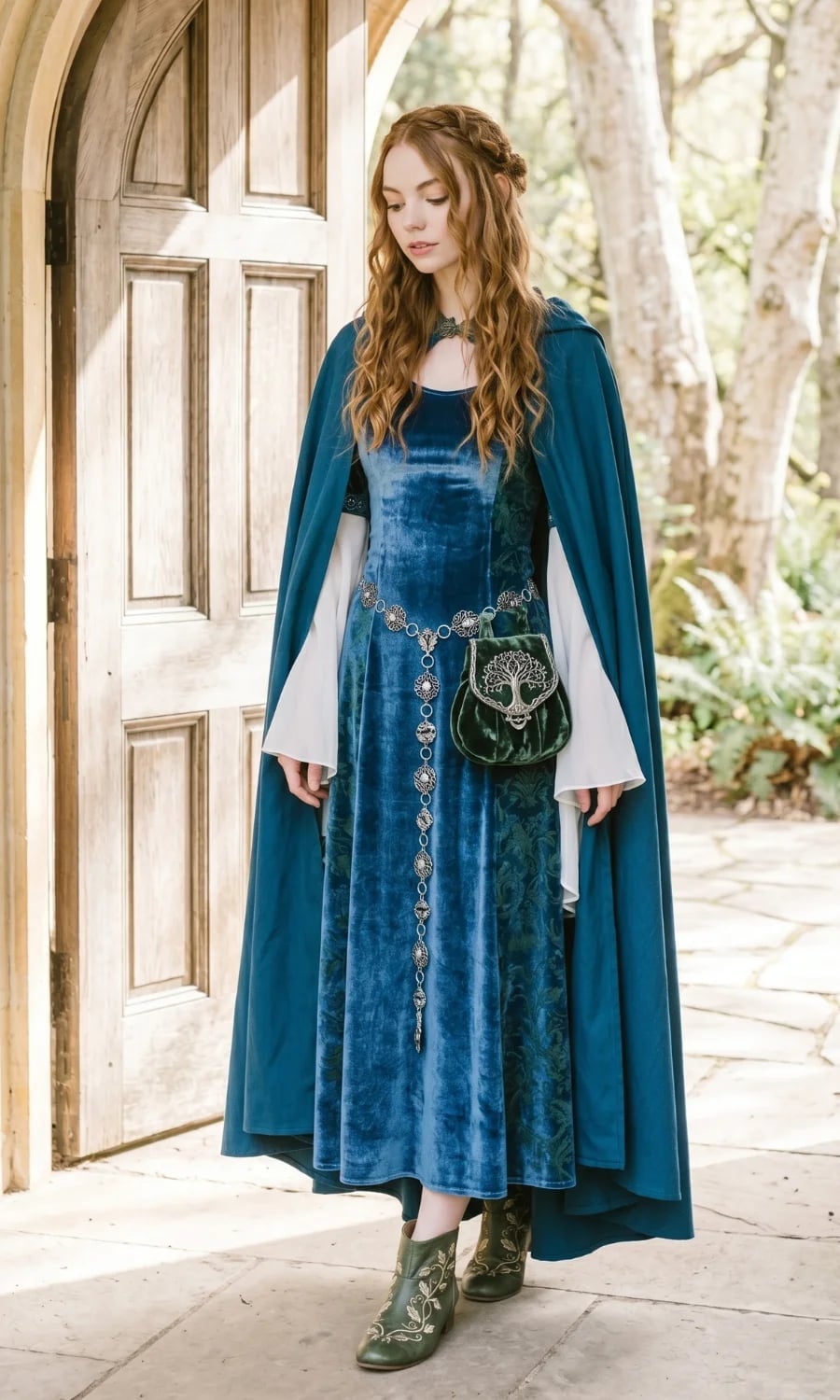 Blue Velvet Dress with Flowing Cape and Ornate Belt — Classy Fairycore Outfits