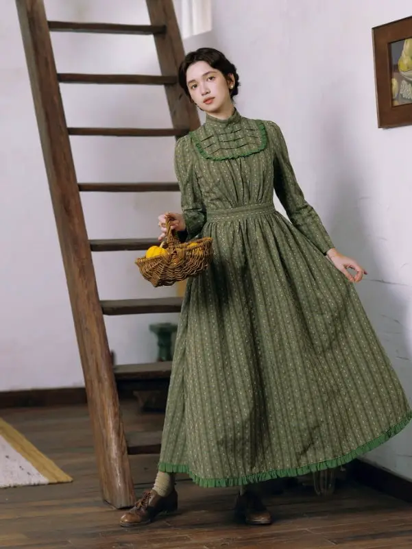 Olive Green Prairie Dress with Ruffled Neckline — Classy Fairycore Outfits