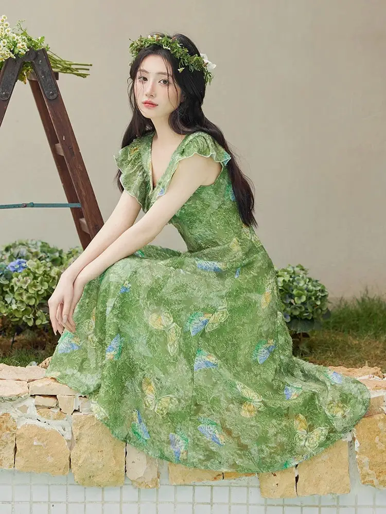 Green Butterfly Print Dress with Flower Crown — Classy Fairycore Outfits