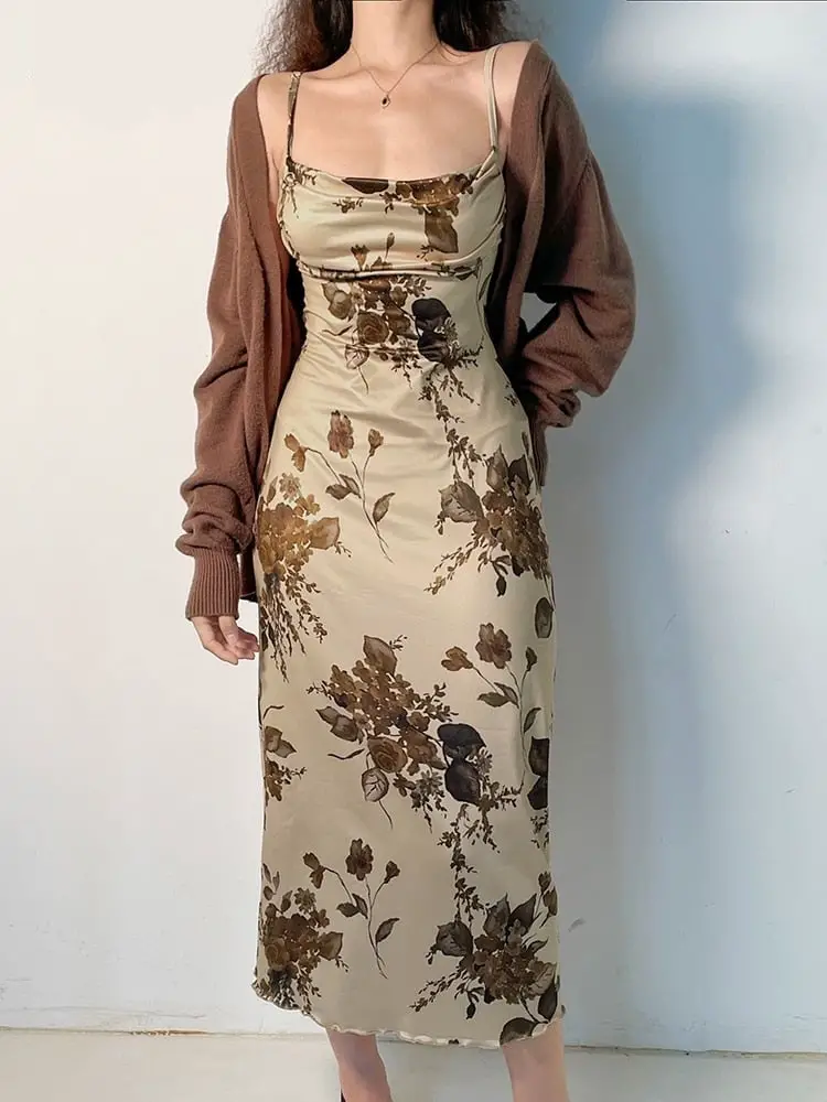 Floral Print Slip Dress with Knit Cardigan Layering — Classy Fairycore Outfits