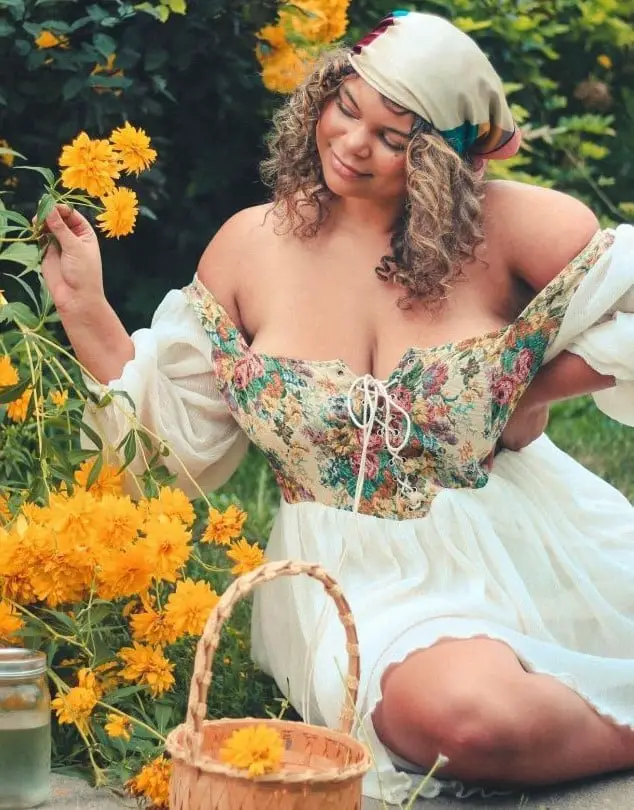 Floral Tapestry Corset Top with White Puff-Sleeve Dress — Classy Fairycore Outfits