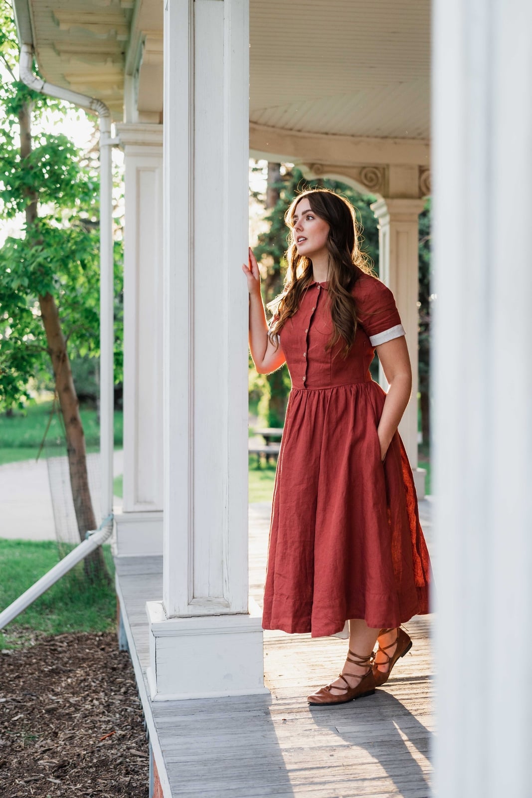 Rust Orange Linen Dress with White Detailing — Classy Fairycore Outfits