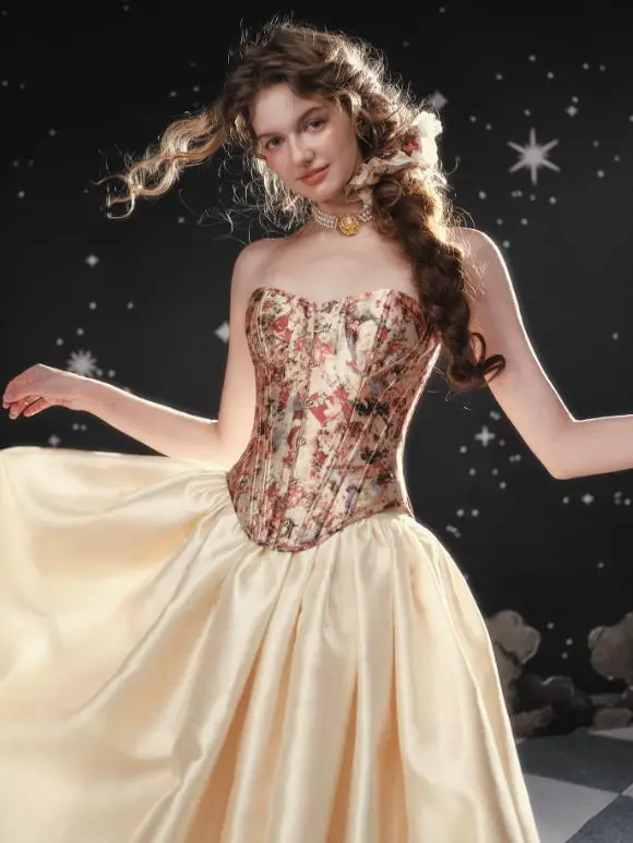 Brocade Corset with Cream Satin Skirt for Elegant Fairycore — Classy Fairycore Outfits