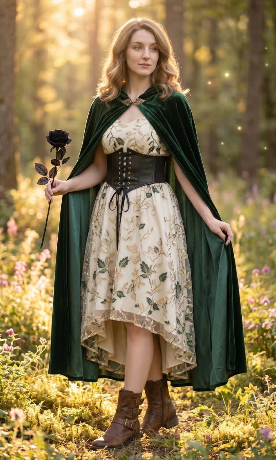 Cream Embroidered Dress with Velvet Cape and Corset Belt — Classy Fairycore Outfits