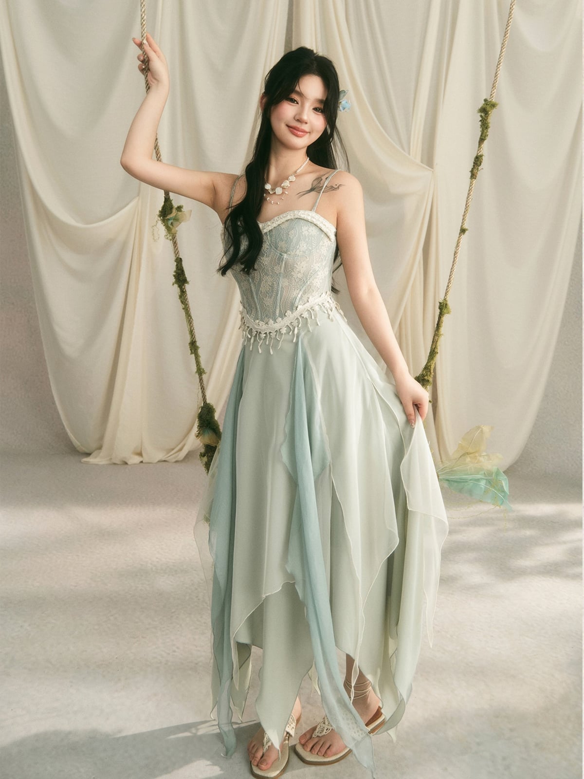 Layered Chiffon Dress with Lace Corset Bodice — Classy Fairycore Outfits