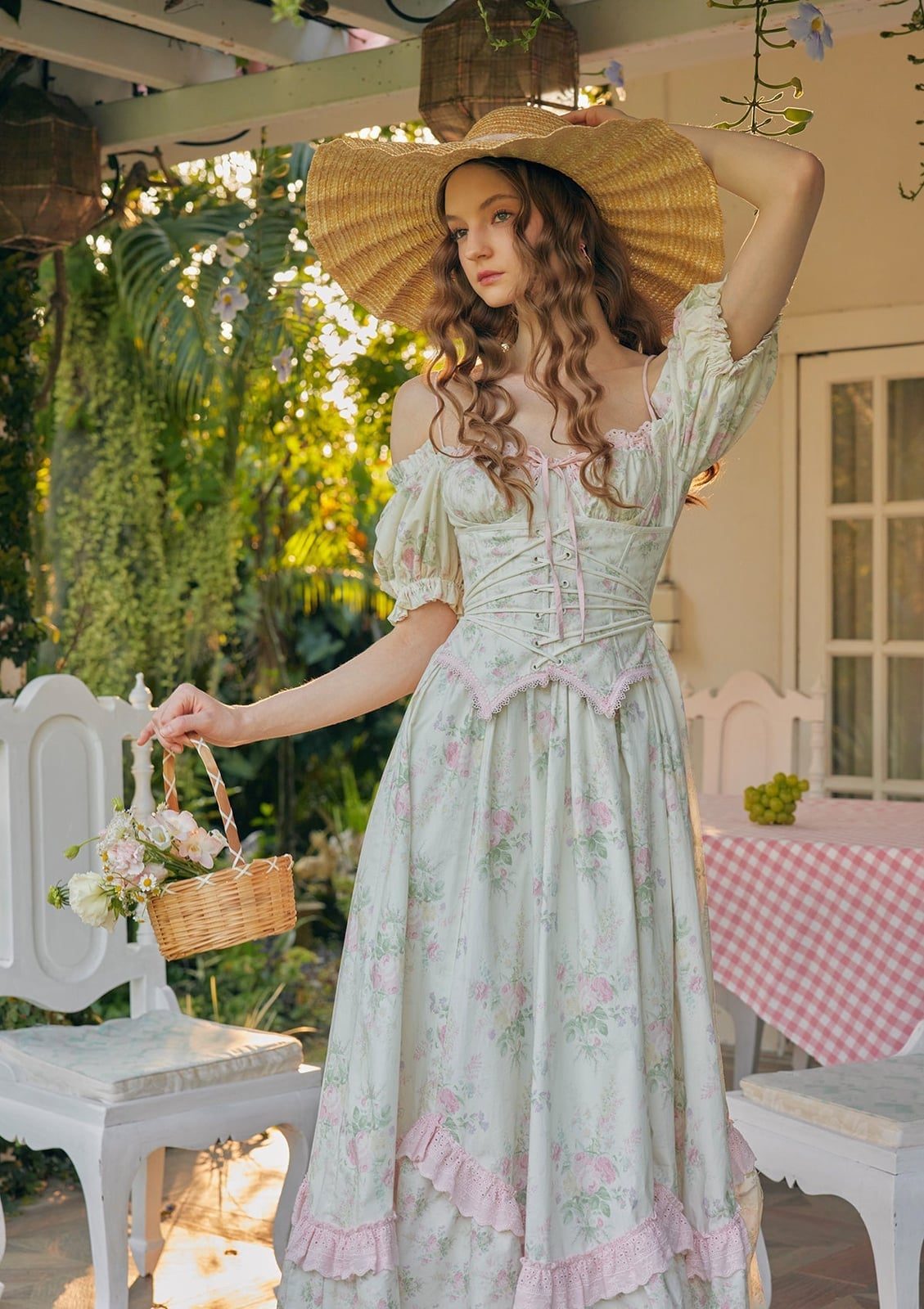 Pale Yellow Floral Dress with Off-Shoulder Neckline and Corset Bodice — Classy Fairycore Outfits