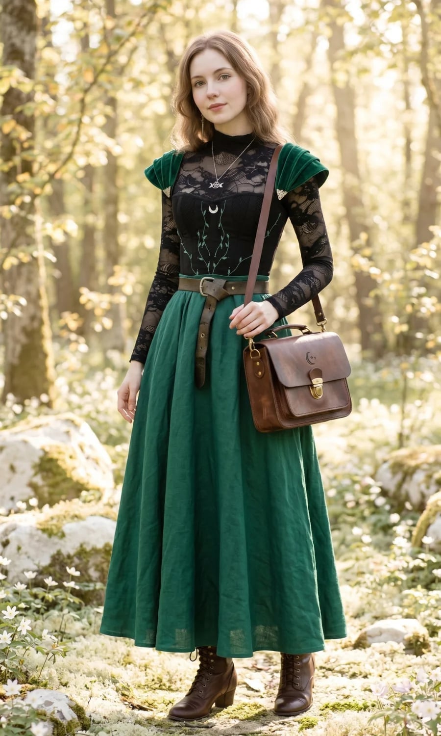 Black Lace Top with Green Velvet Accents and Full Skirt — Classy Fairycore Outfits