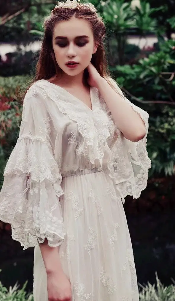 Flowy White Lace Dress with Ruffled Sleeves — Classy Fairycore Outfits