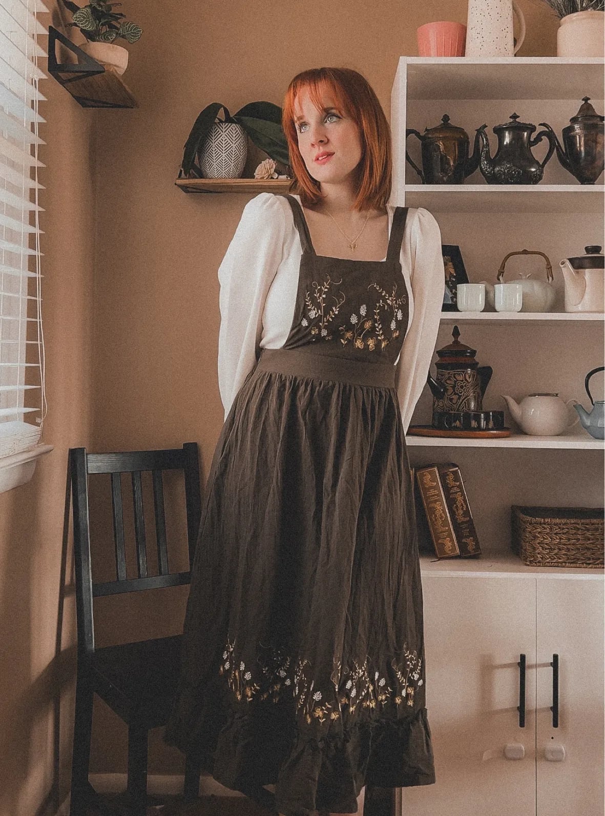 Pinafore Dress with Puff-Sleeve Blouse for Vintage Charm — Classy Fairycore Outfits