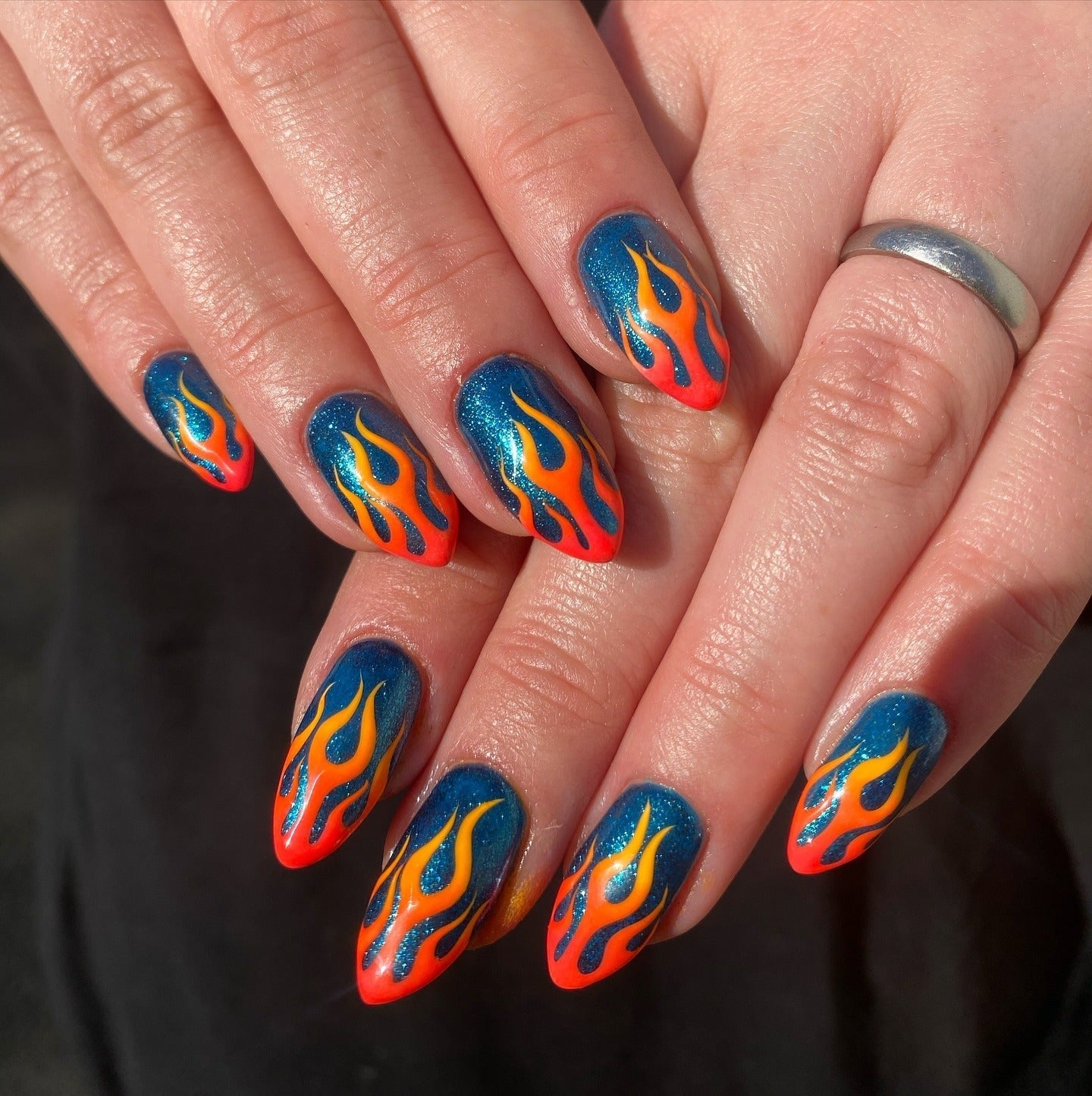 Blue Base Orange Yellow Flames Glitter Almond Nails Blue Base Orange Yellow Flames Glitter Almond Nails — Classy Flame Nails