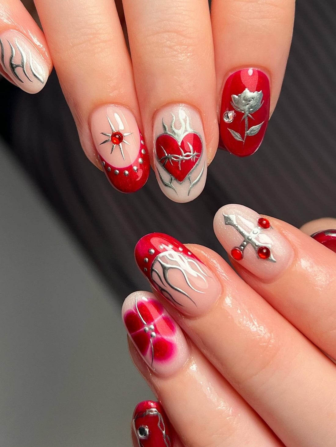 Nude Red Silver Flame Accent Medium Almond Nails Nude Red Silver Flame Accent Medium Almond Nails — Classy Flame Nails