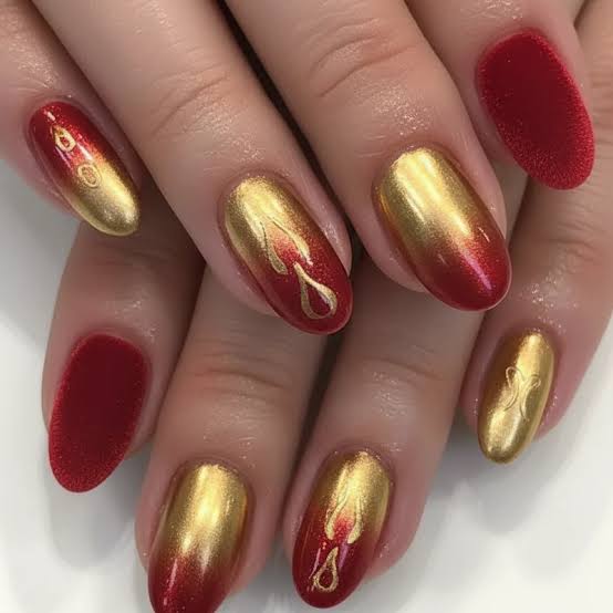 Red Gold Gradient Matte Velvet Short Oval Nails Red Gold Gradient Matte Velvet Short Oval Nails — Classy Flame Nails