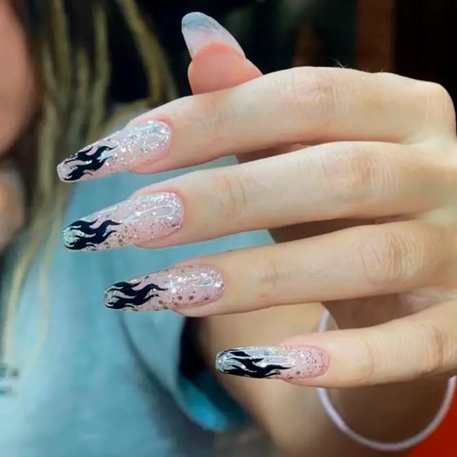 Black Flame French Tip Long Square Nails Black Flame French Tip Long Square Nails — Classy Flame Nails